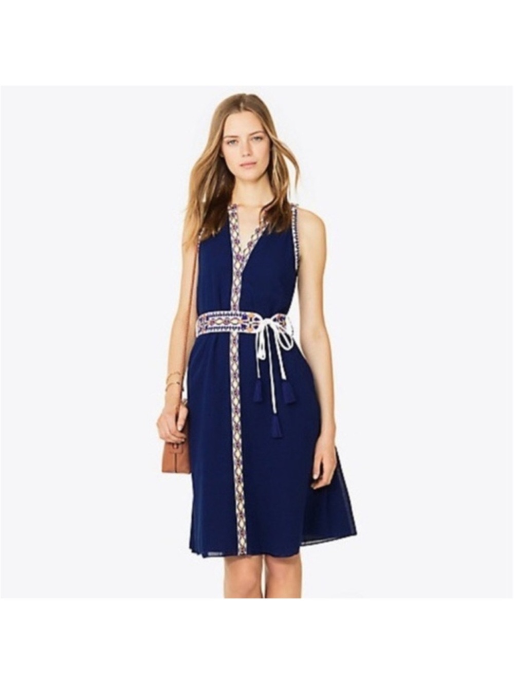 Tory Burch Savannah Navy Embroidered Belted V-Neck Dress